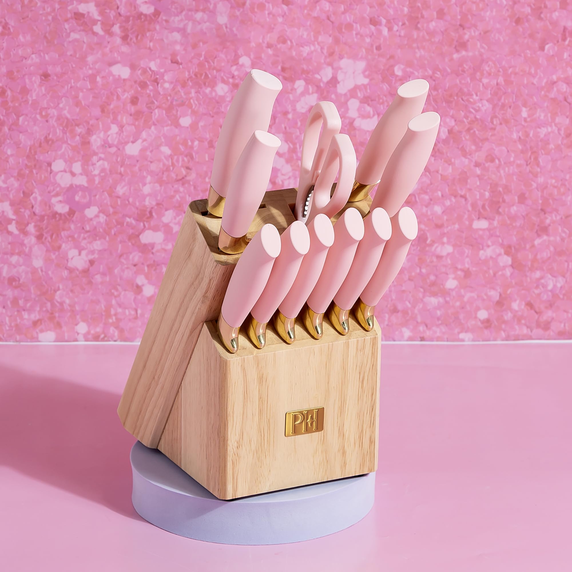Paris Hilton knife set styled in kitchen scene conveying fashionable functional countertop appeal