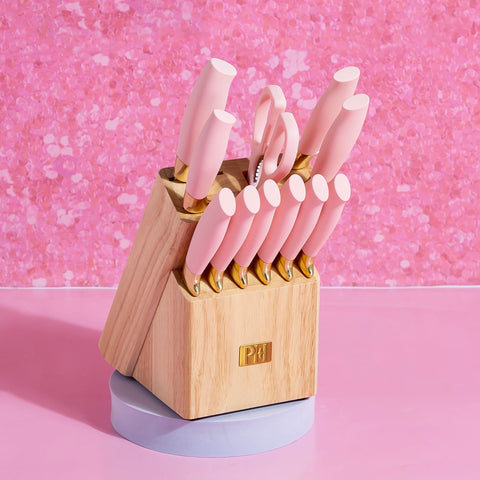 Paris Hilton knife set styled in kitchen scene conveying fashionable functional countertop appeal
