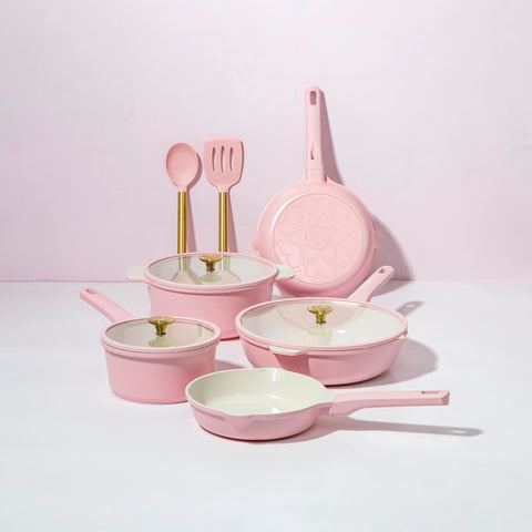 Paris Hilton cookware styled on a kitchen counter, fashionable and ready for serving