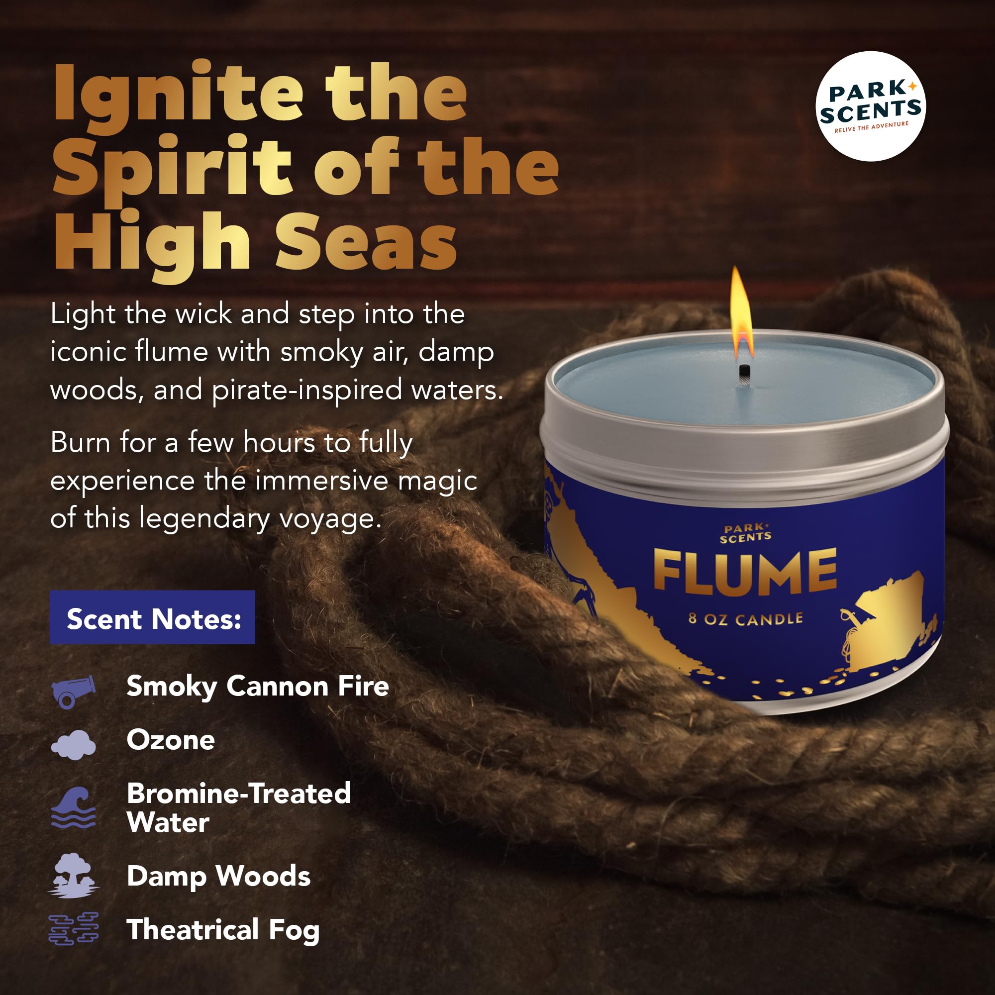 Park Scents candle lit creating smoky, nostalgic mood lighting, sets immersive atmosphere