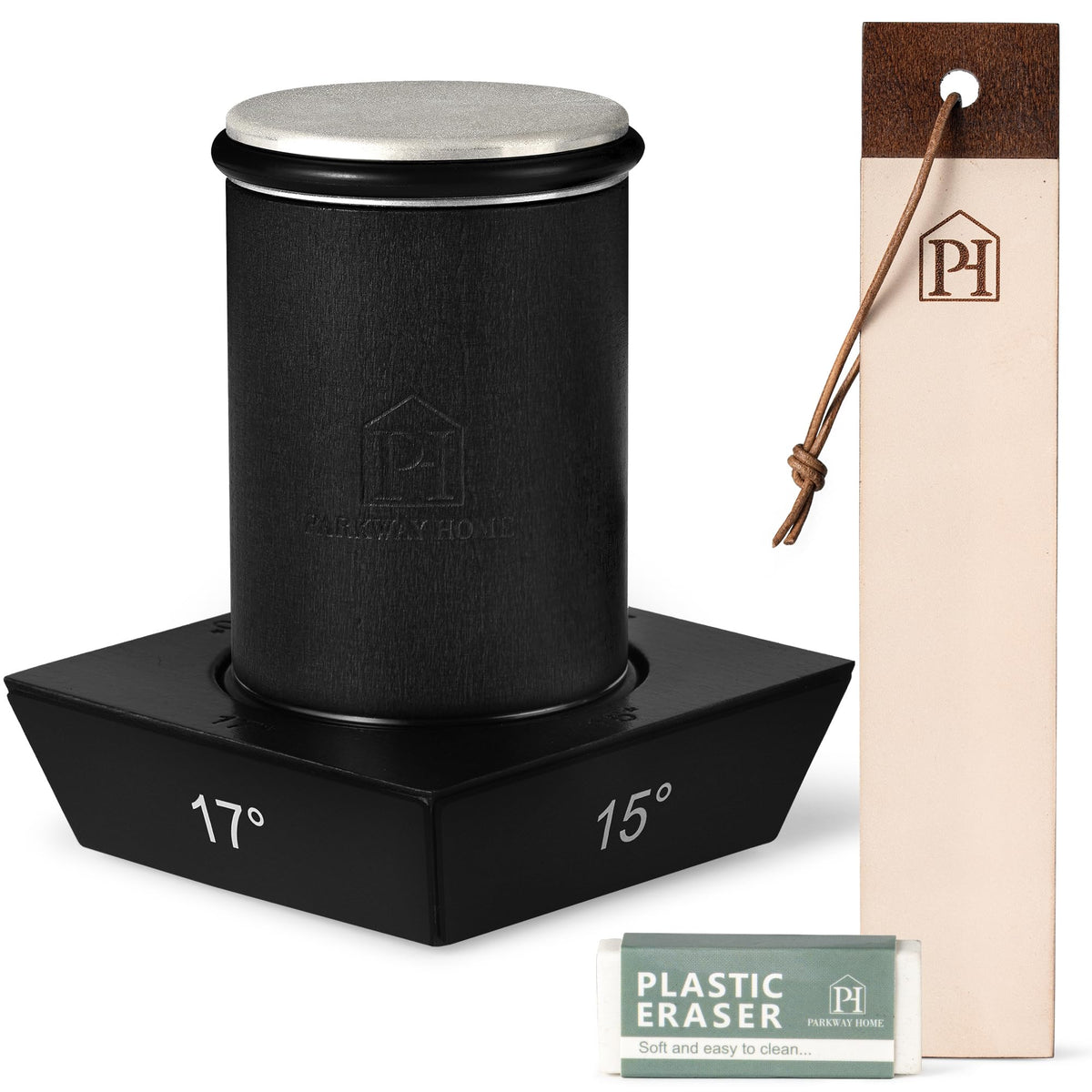 Parkway Home front view of black roller sharpener showing compact design and easy grip benefit