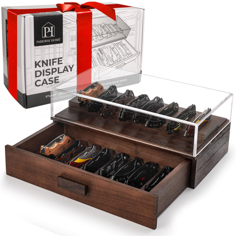 Parkway Home front view of brown wood display case shows neat knife presentation and protection