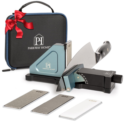 Parkway Home front view of full sharpener kit showing compact case and plates for easy storage