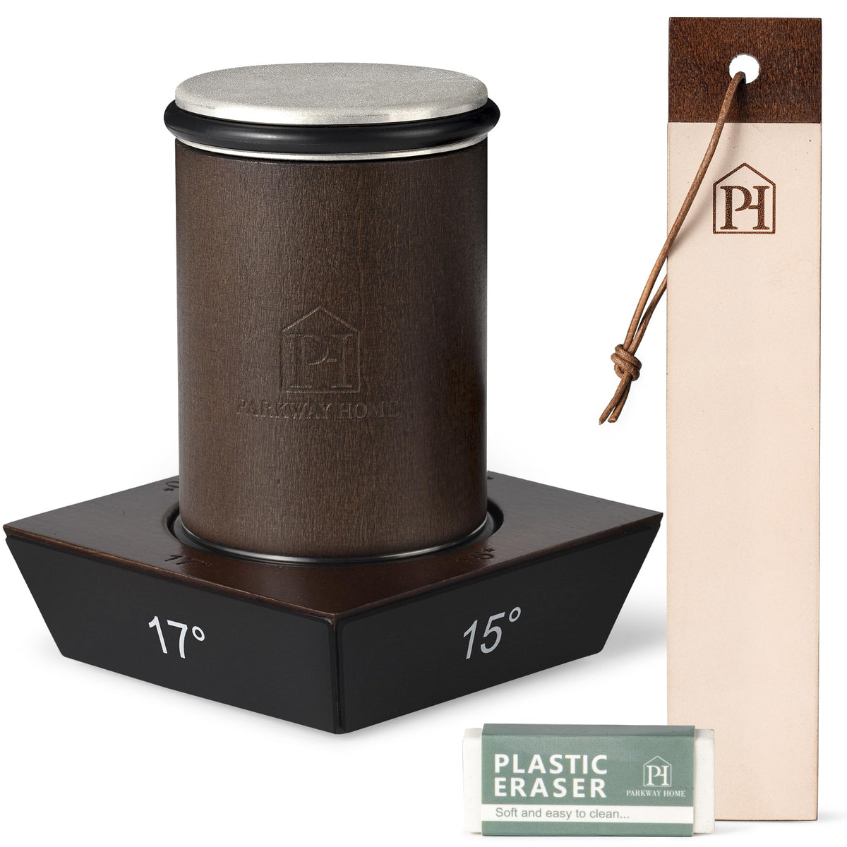 Parkway Home roller sharpener front view showing compact walnut finish and easy grip benefit