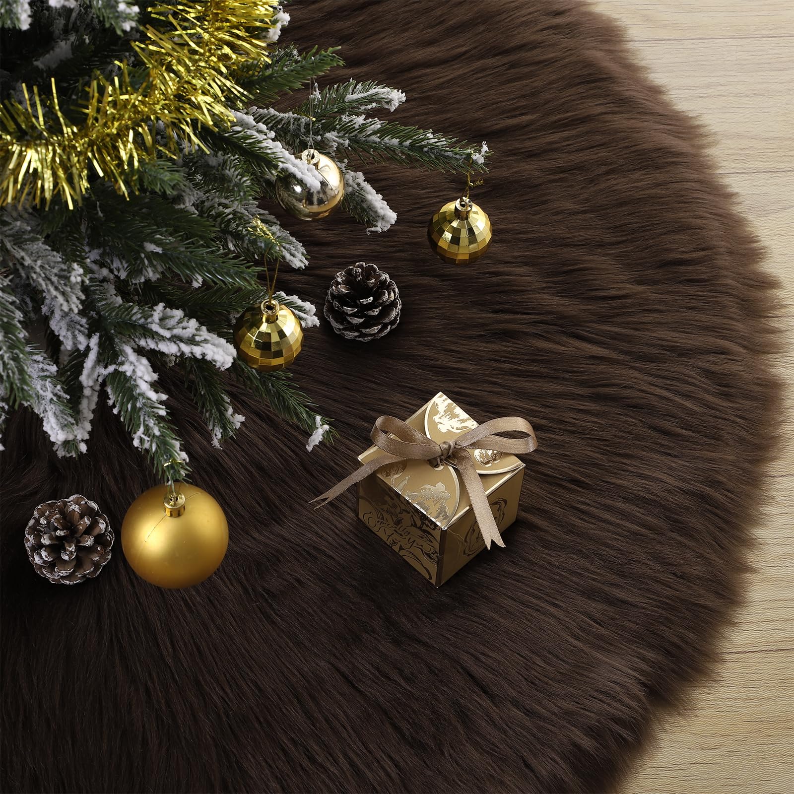 PARTTELY front view of 36-inch brown wool fur tree skirt showing plush finish