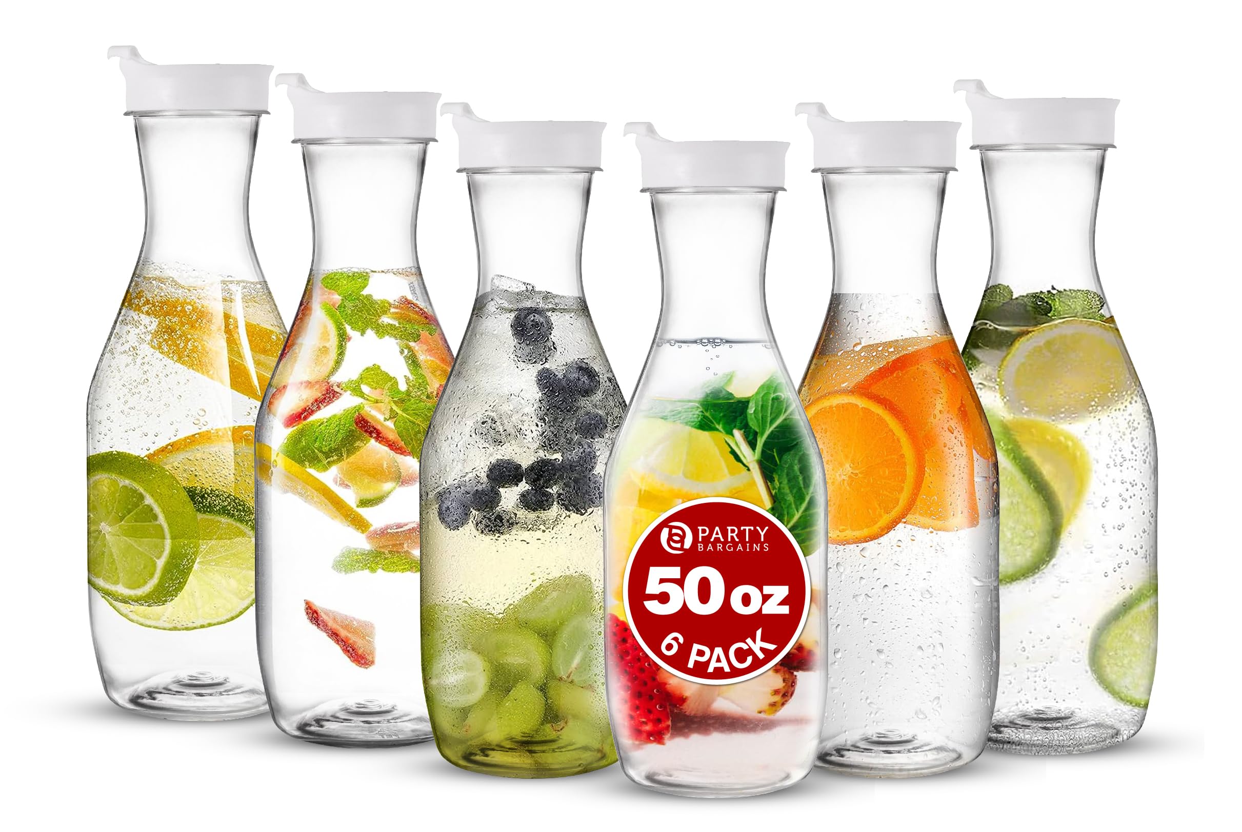 PARTY BARGAINS front view of clear 50 oz carafe showing shape and capacity benefit