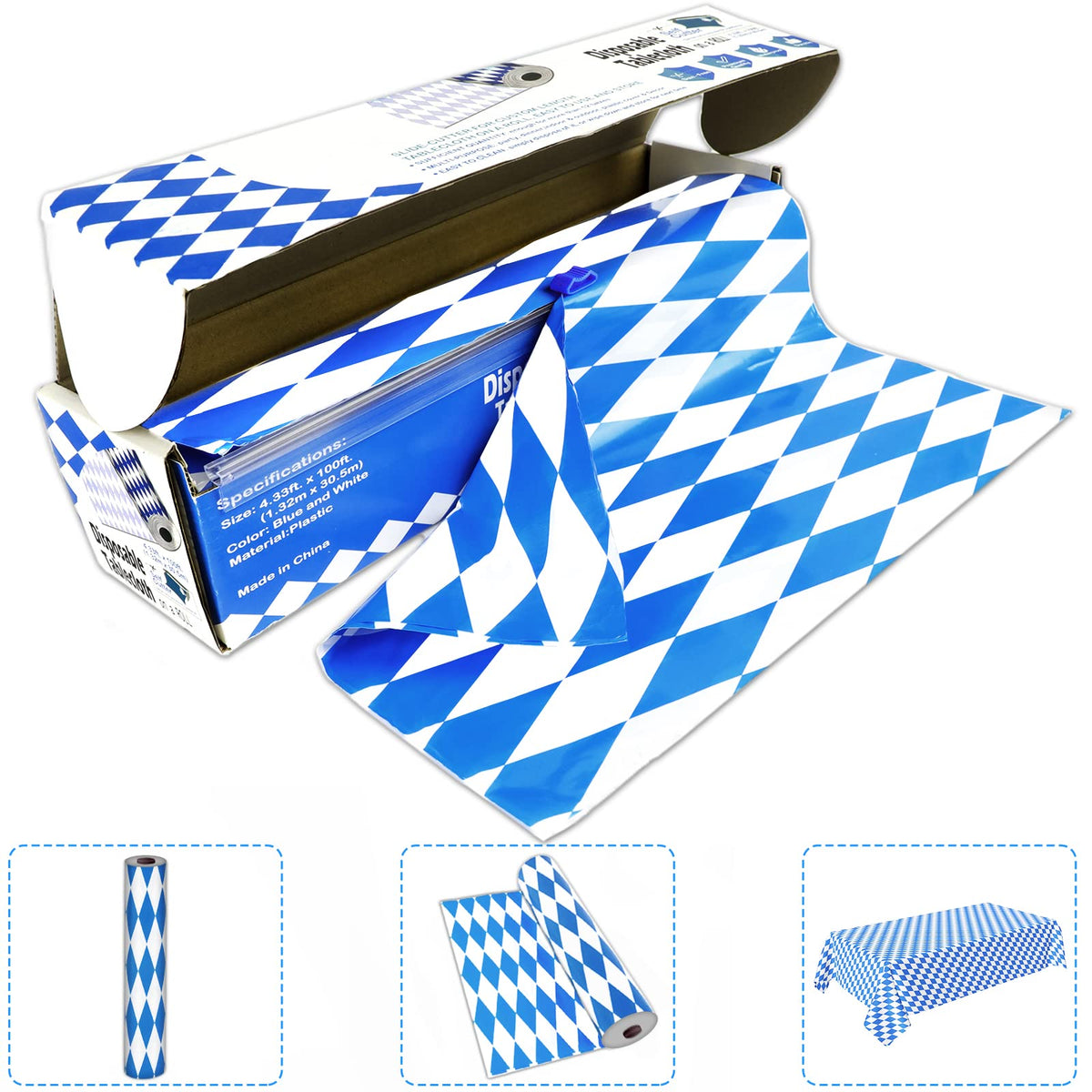 party greeting front packaging showing full 52in x 100ft roll for easy event prep