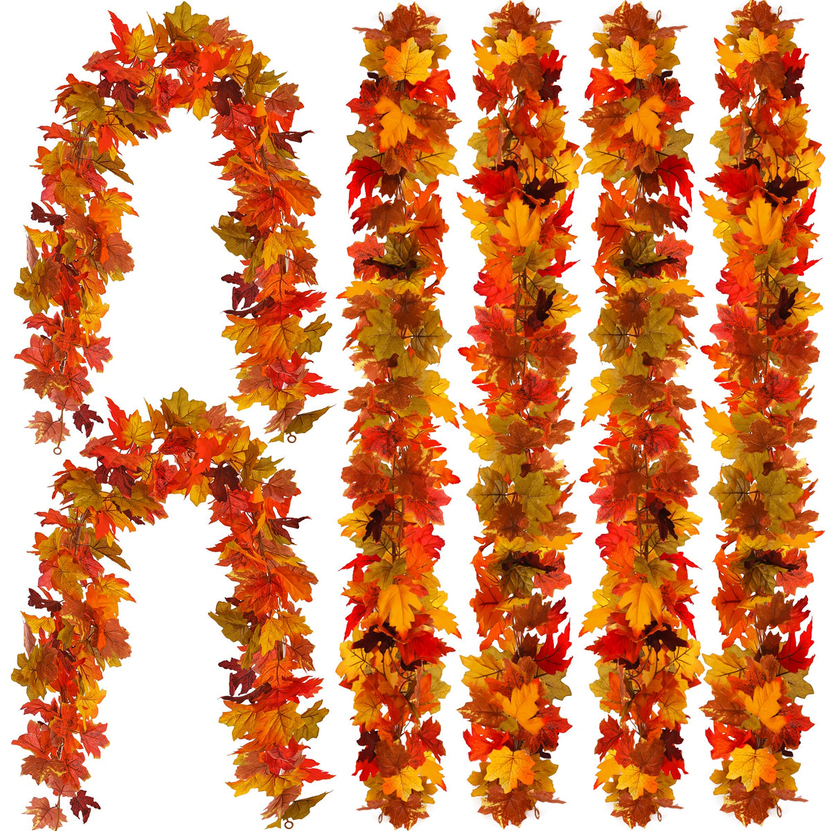PARTY JOY front view of six maple leaf garlands showing colors and length, easy seasonal decor
