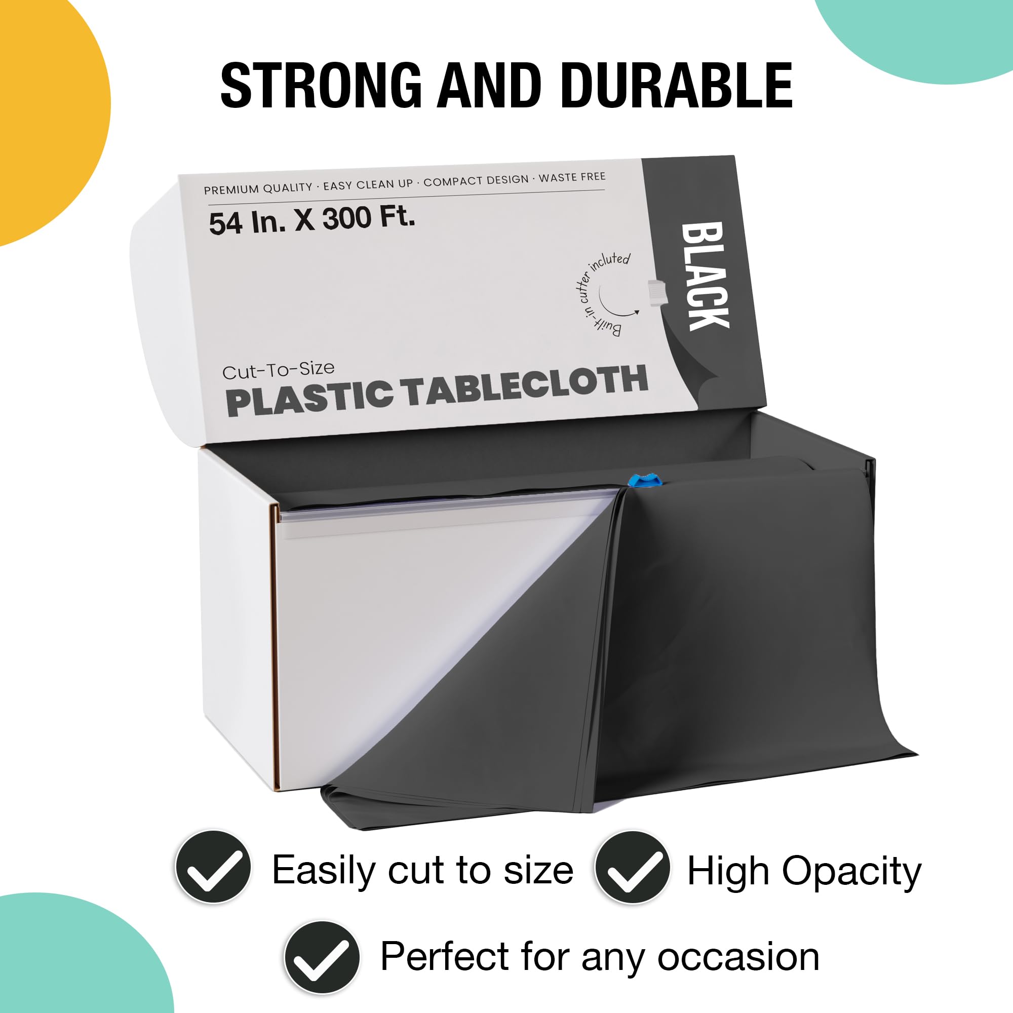 Party Solids unrolled black table cover on table offering full coverage