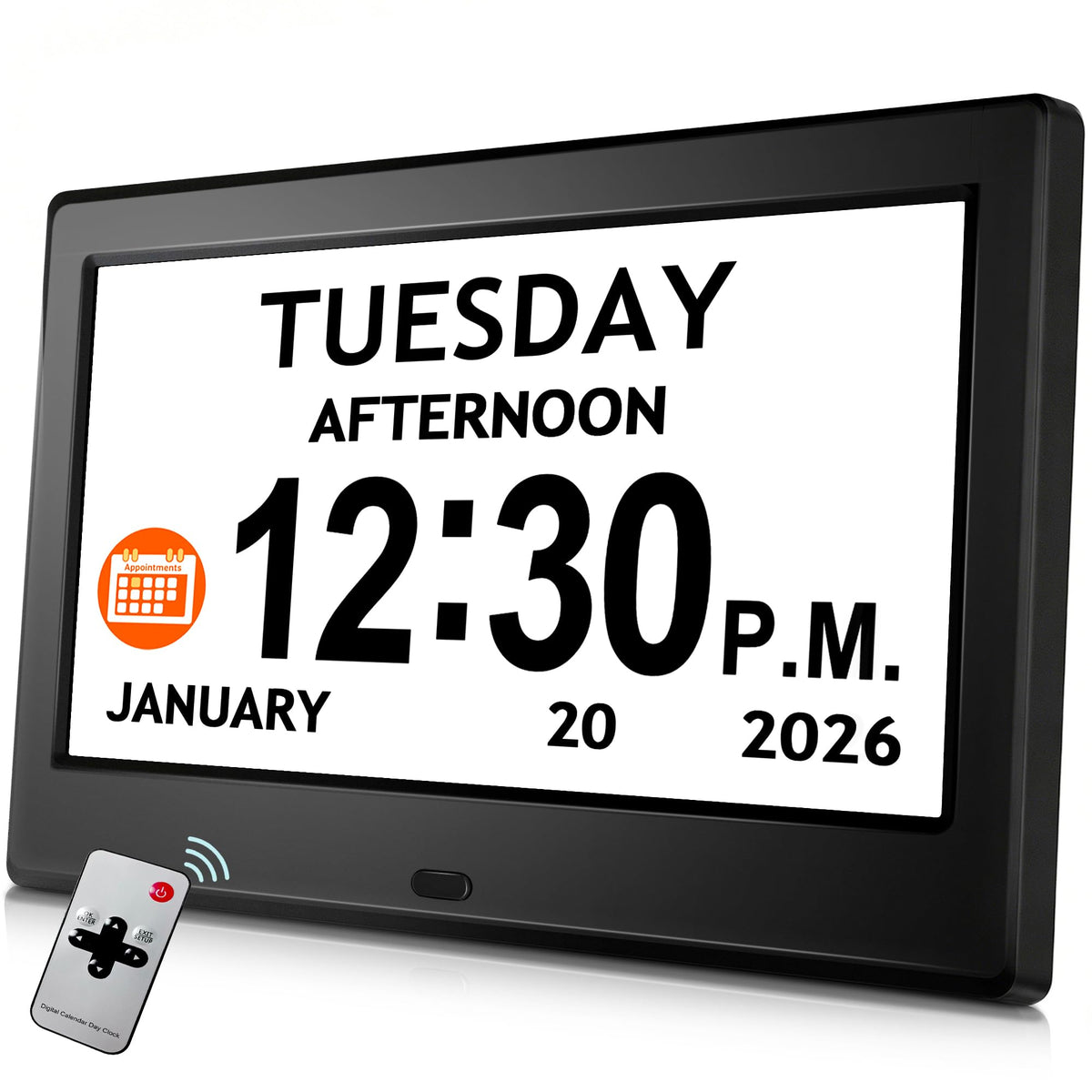 Pastigio 7-inch front display showing large time and date for quick reading