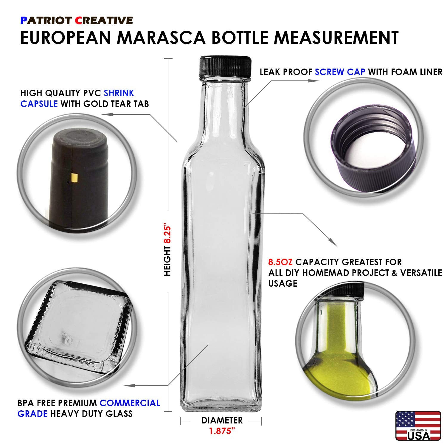 PATRIOT CREATIVE bottle held in hand illustrating 8.5 oz scale and easy pouring