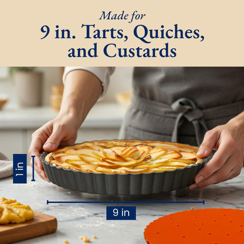 Patz&Patz tart pan next to utensils showing scale and practical kitchen readiness