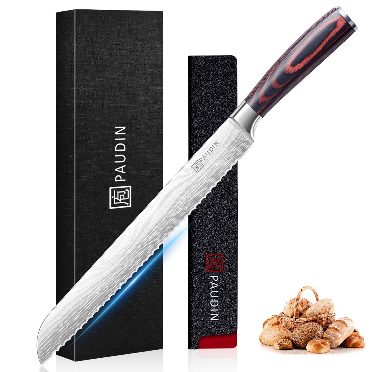 PAUDIN front view of 10-inch bread knife showing full blade and handle, professional slicing benefit
