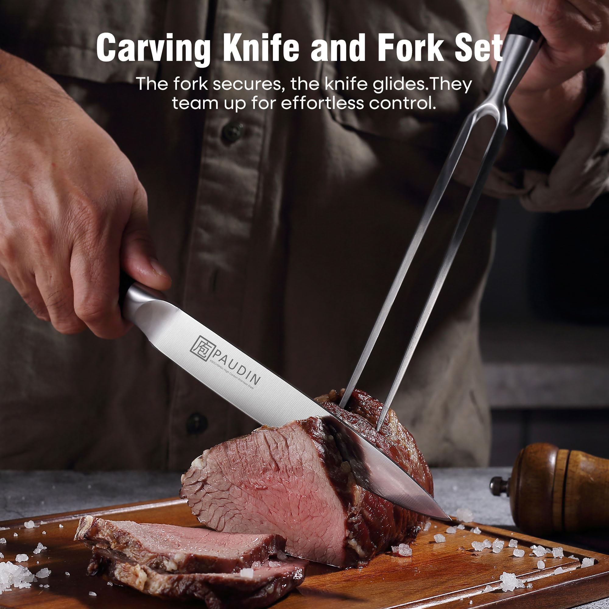 PAUDIN fork prongs detail showing heavy-duty stability for lifting roasts