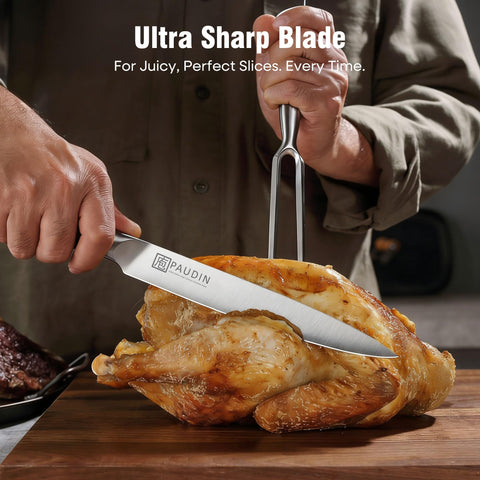 PAUDIN close-up of 8-inch German steel blade highlighting sharpness and control