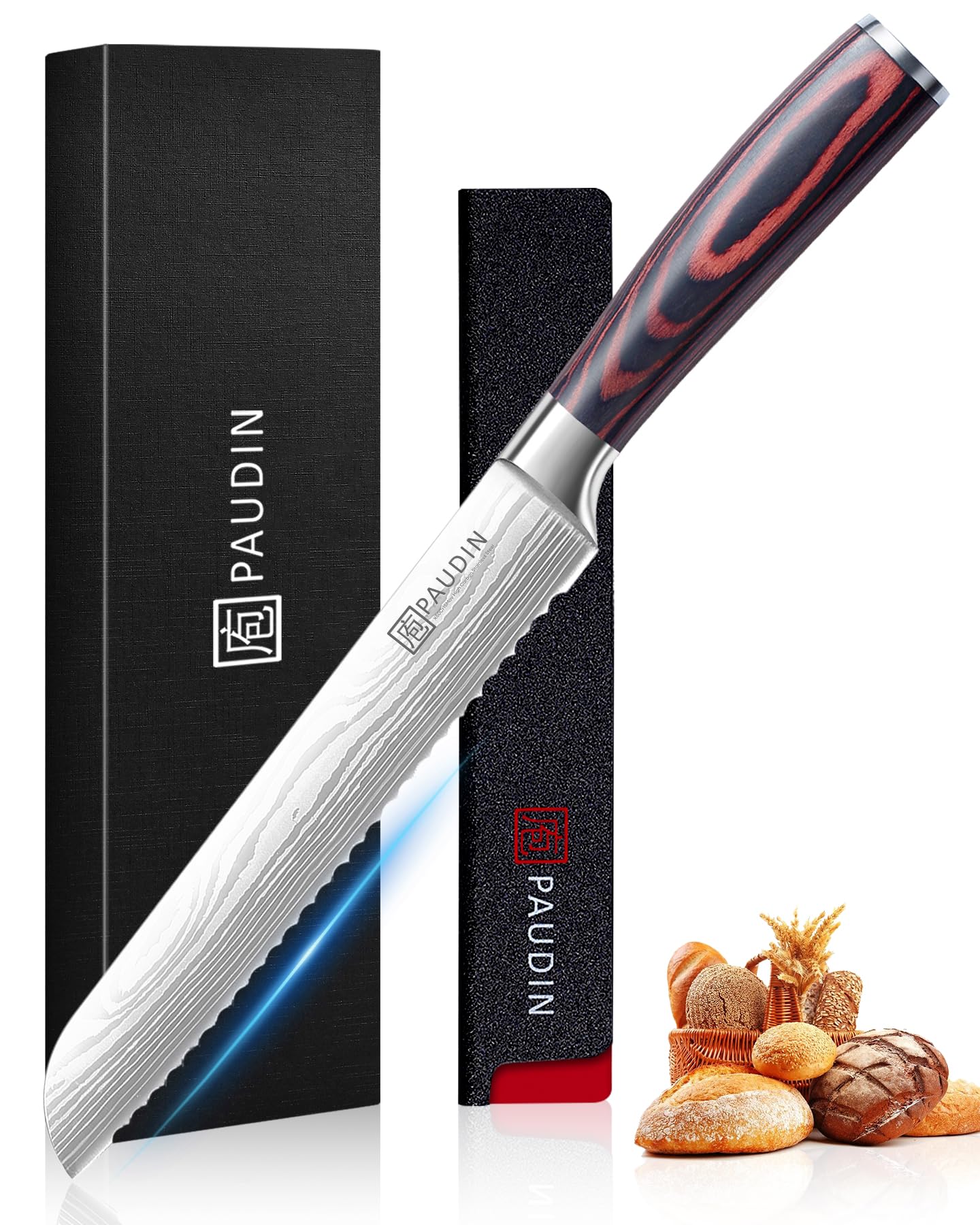 PAUDIN bread knife front view showing balanced shape and polished blade benefiting control
