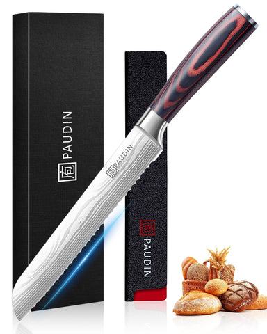 PAUDIN bread knife front view showing balanced shape and polished blade benefiting control