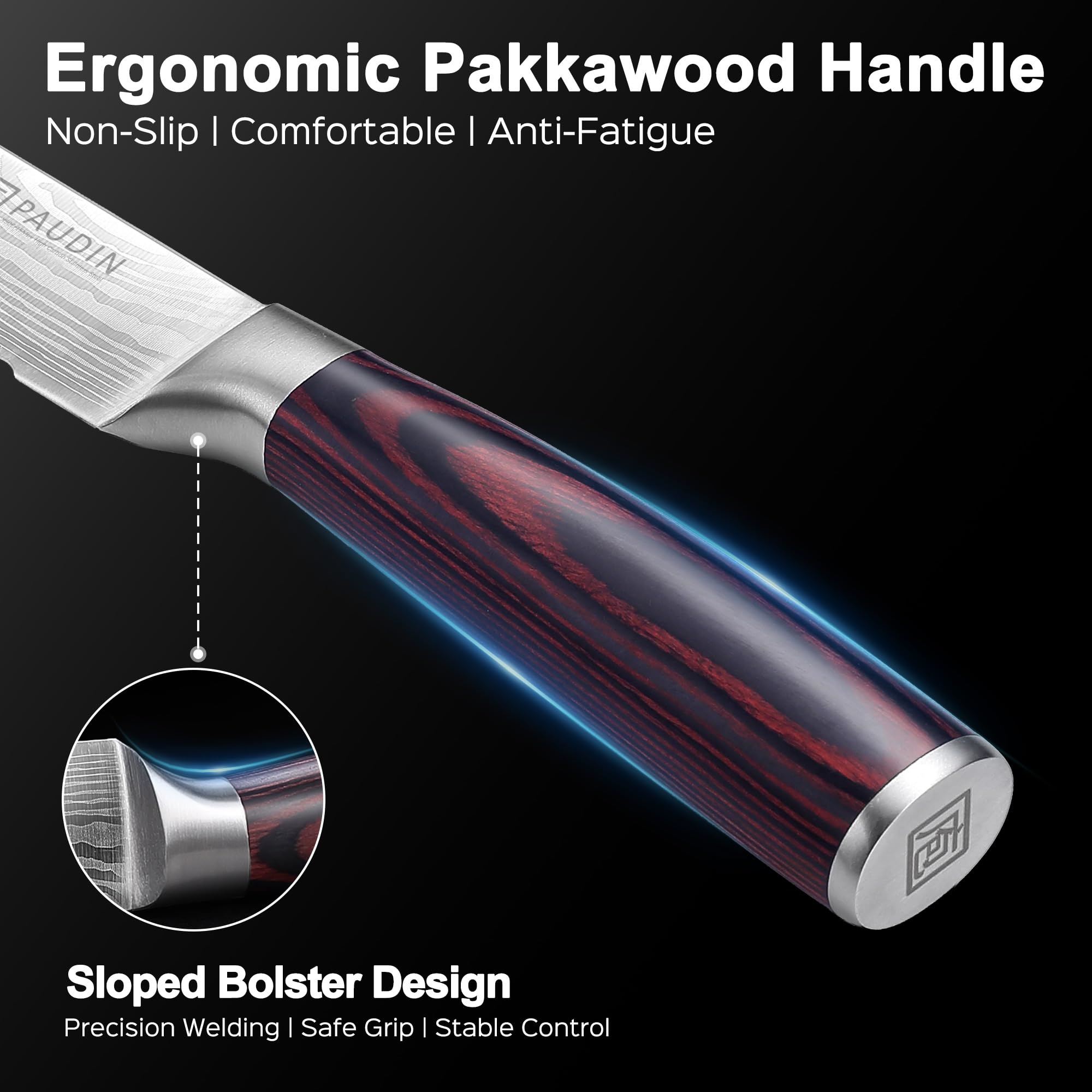 PAUDIN knife beside bagel halves illustrating clean cuts and minimal compression benefit