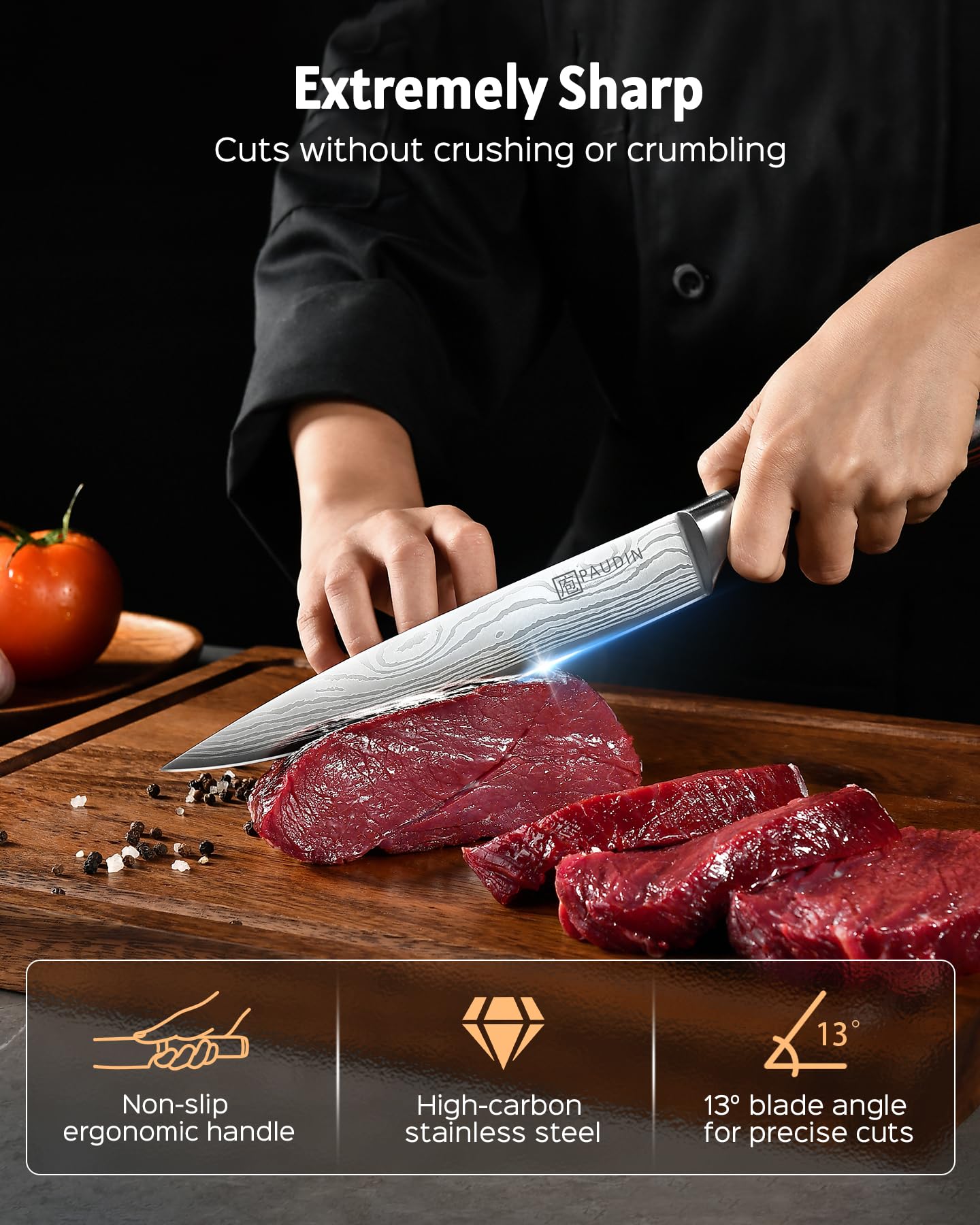 PAUDIN blade close-up highlighting razor edge for cleaner slices