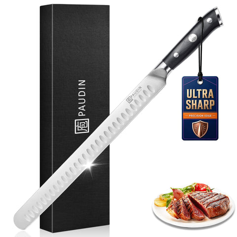 PAUDIN brisket knife front view showing full 12 inch blade and balance benefit
