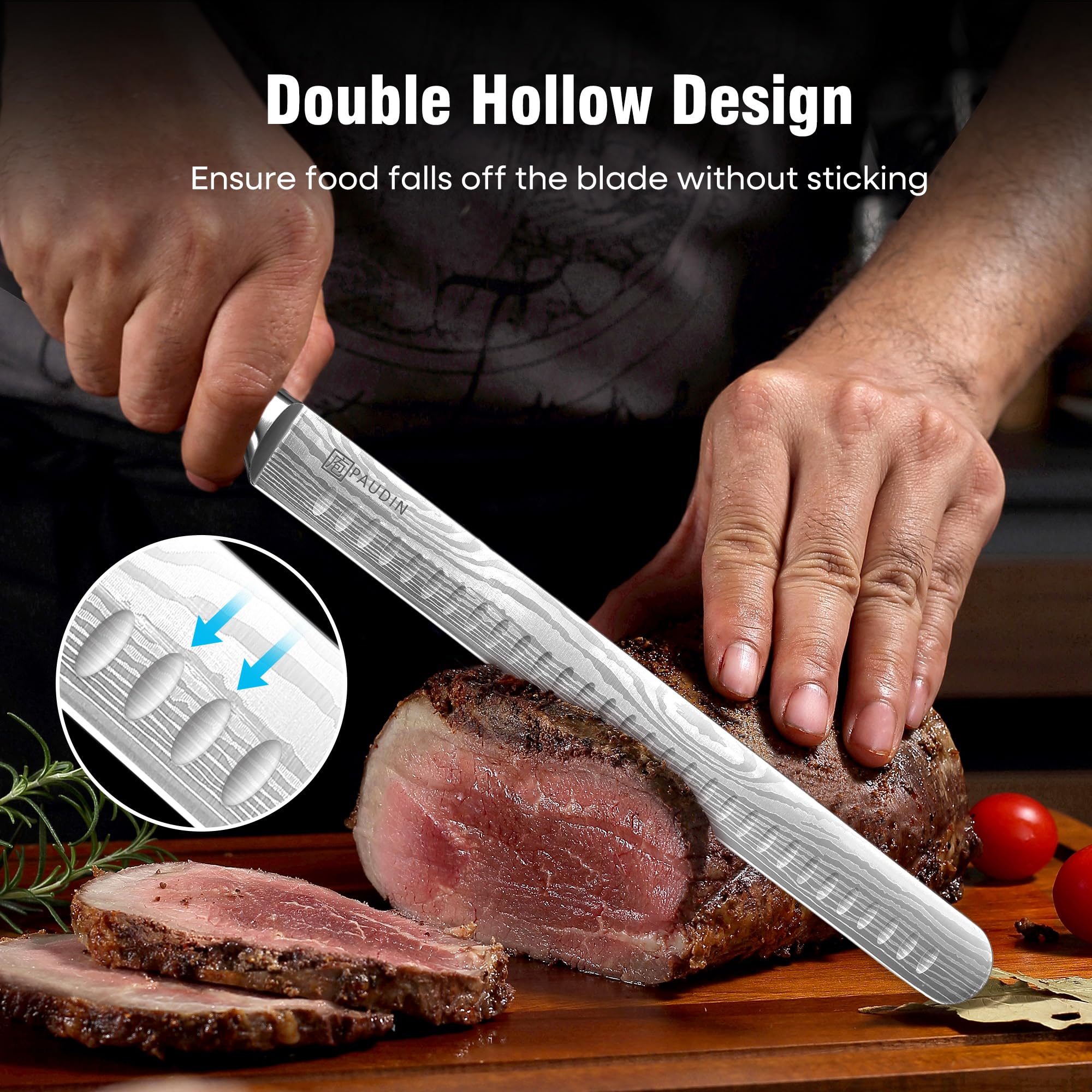 PAUDIN Pakkawood handle detail offering secure ergonomic grip and stability