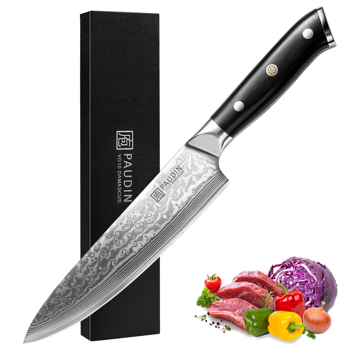 PAUDIN front view showing full Damascus blade and balanced profile benefit clarity