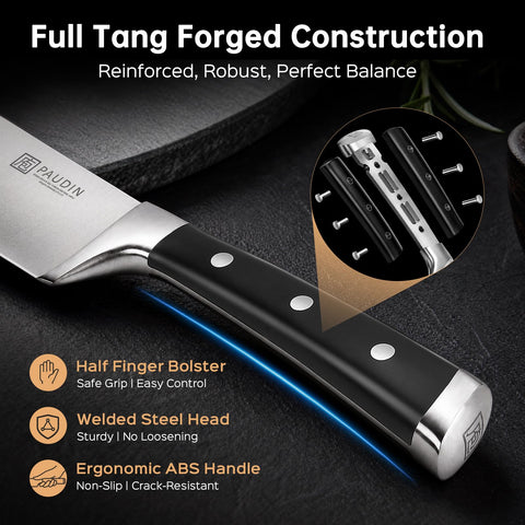 PAUDIN handle detail showing full-tang triple-rivet balance and comfort
