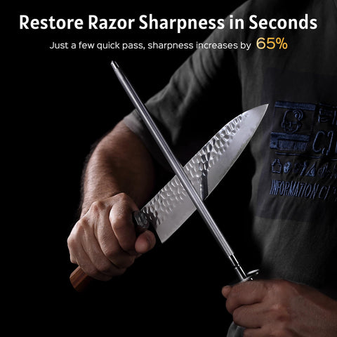 PAUDIN rod in use honing a chef knife for faster maintenance