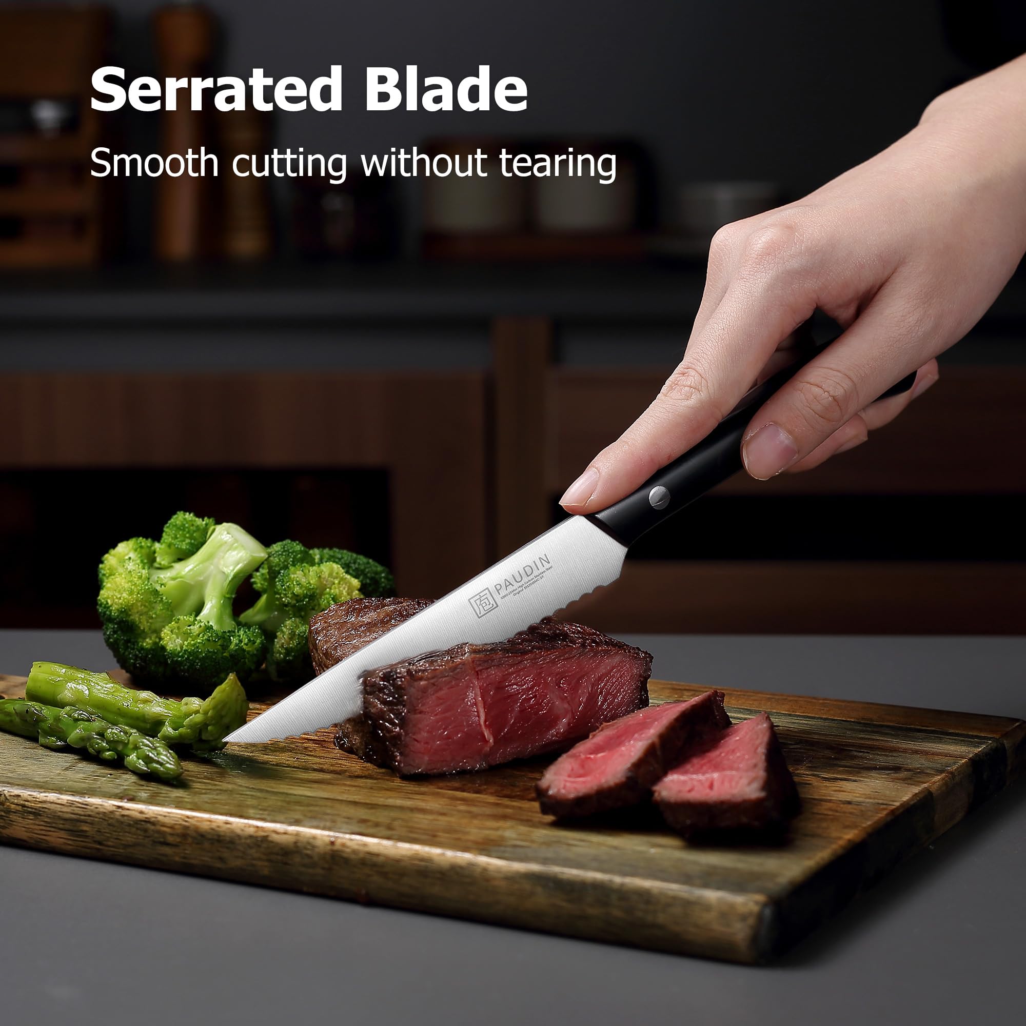 PAUDIN knife slicing a cooked steak to show effortless precise cuts and minimal tearing