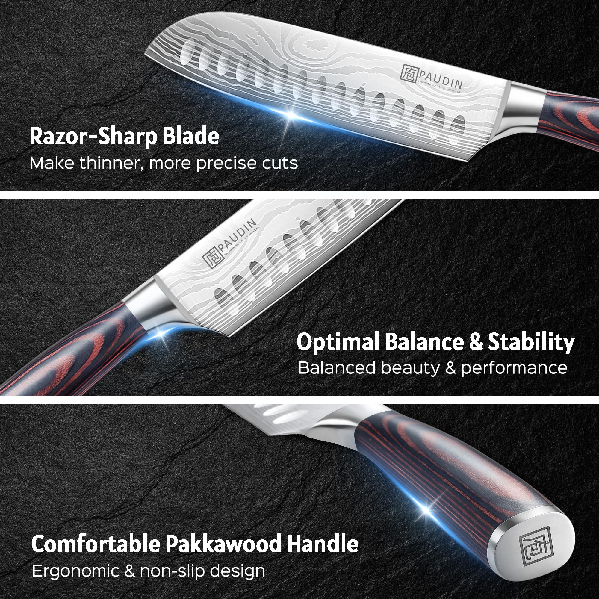 PAUDIN close-up of blade texture and polish for long-lasting sharpness benefit