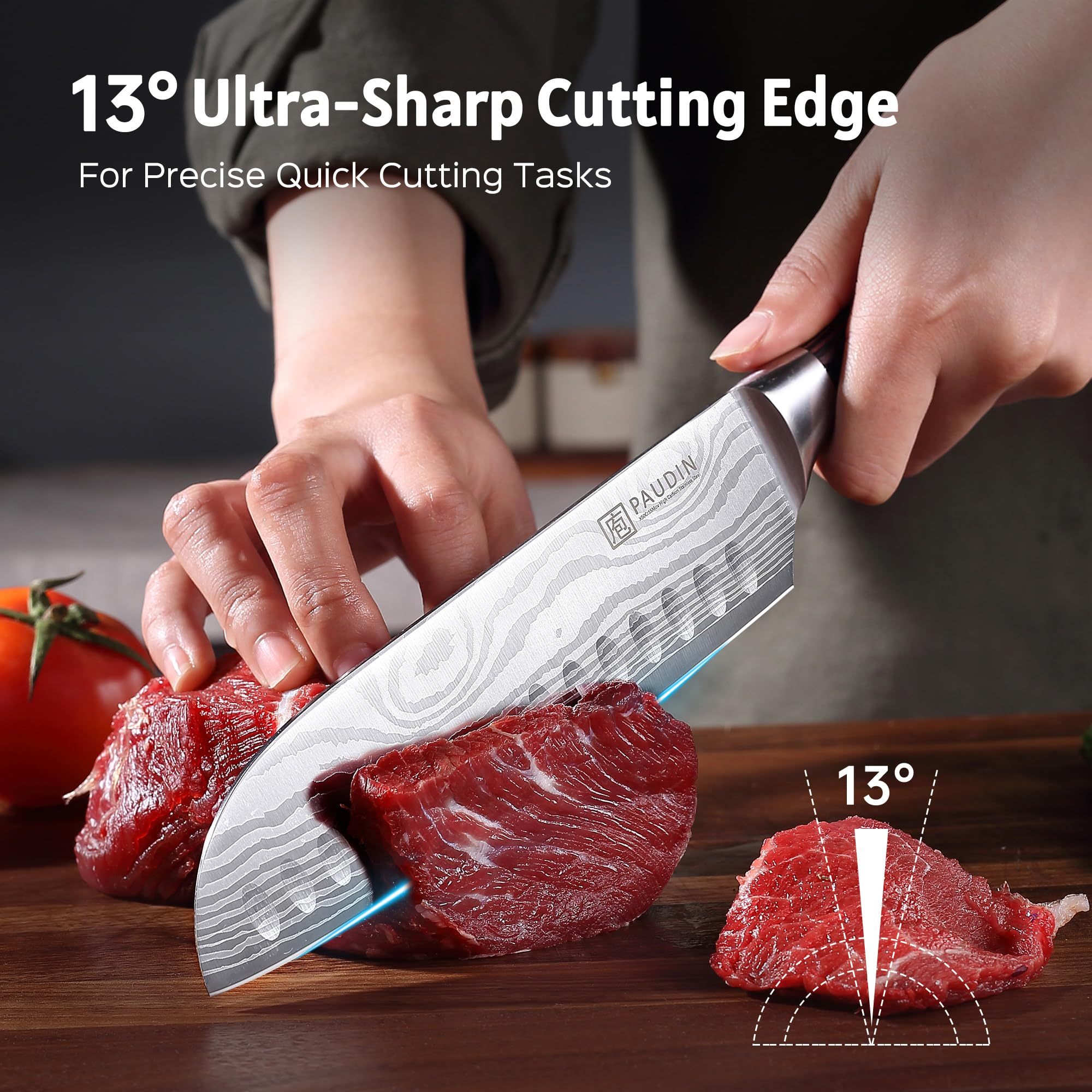 PAUDIN blade edge profile highlighting 13-degree grind for precise cutting benefit