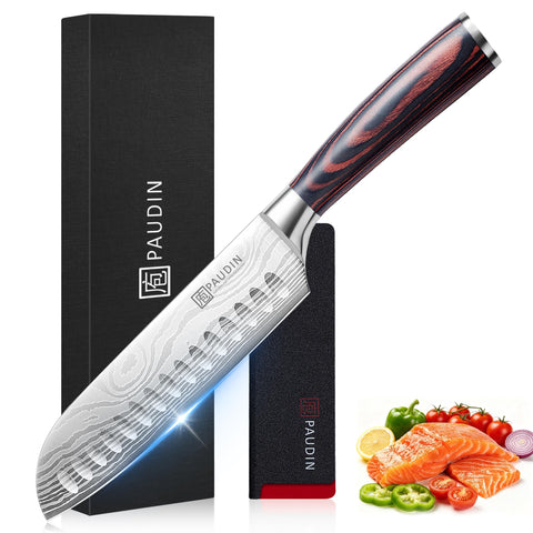 PAUDIN front view of 7-inch Santoku showing full blade and handle benefit precision