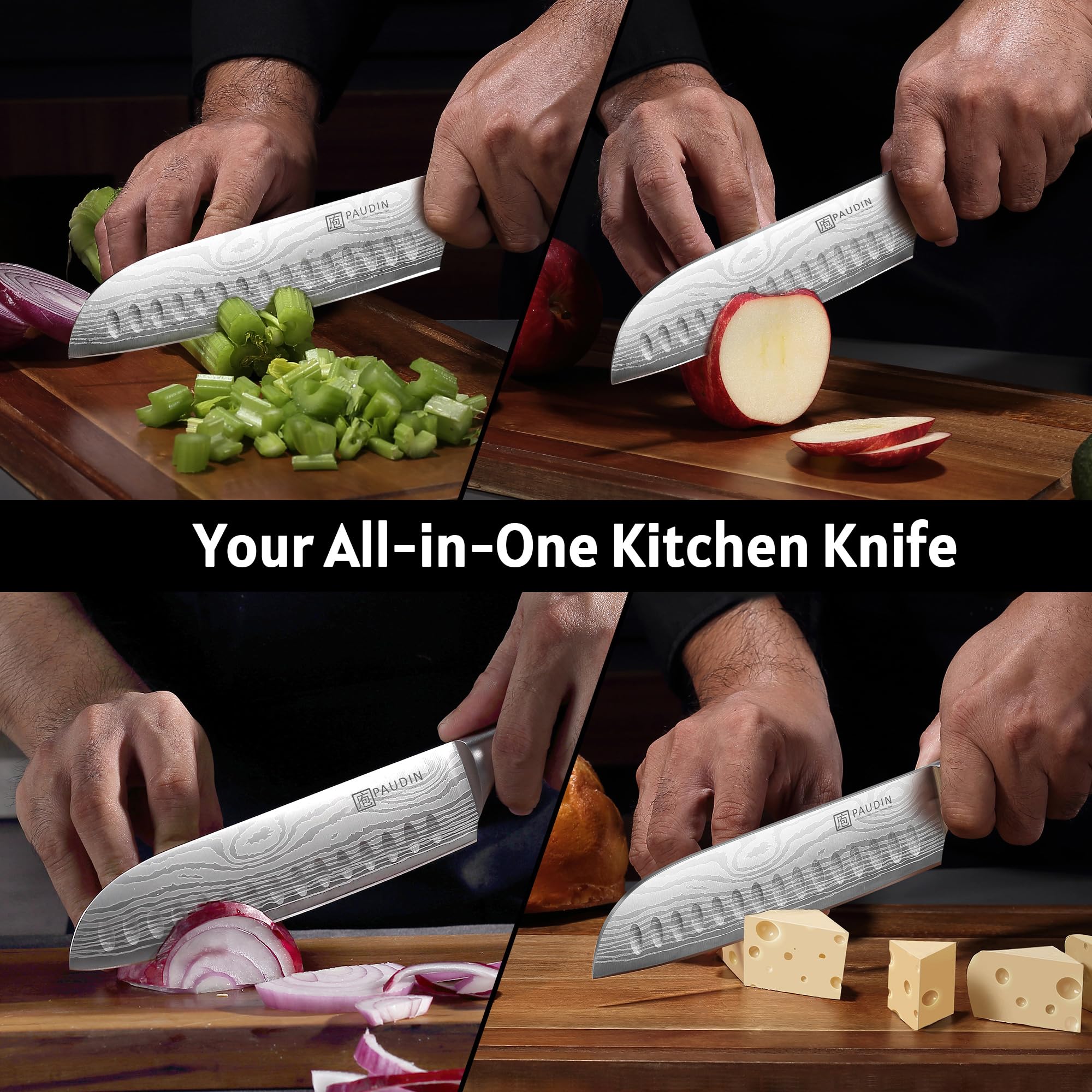 PAUDIN Santoku on kitchen counter in lifestyle setting showing everyday versatility benefit