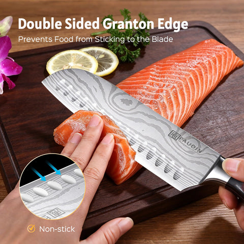 PAUDIN Santoku beside ruler showing 7-inch scale for accurate size reference benefit