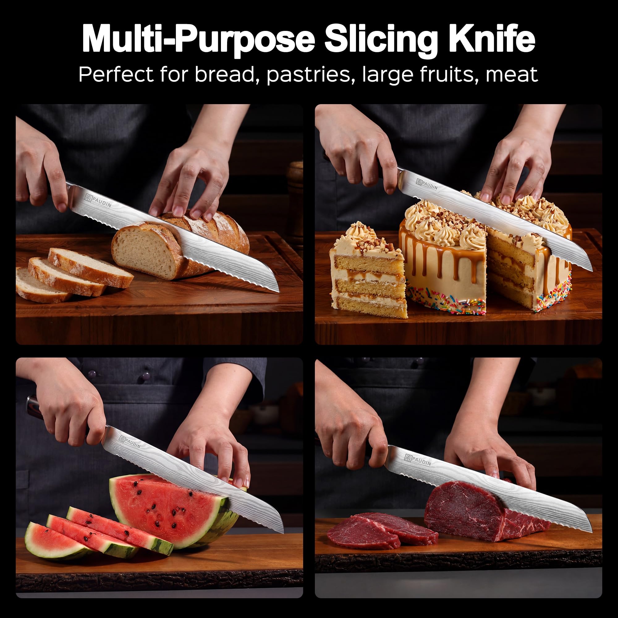 PAUDIN knife next to ruler showing 10-inch scale for accurate length and reach benefit