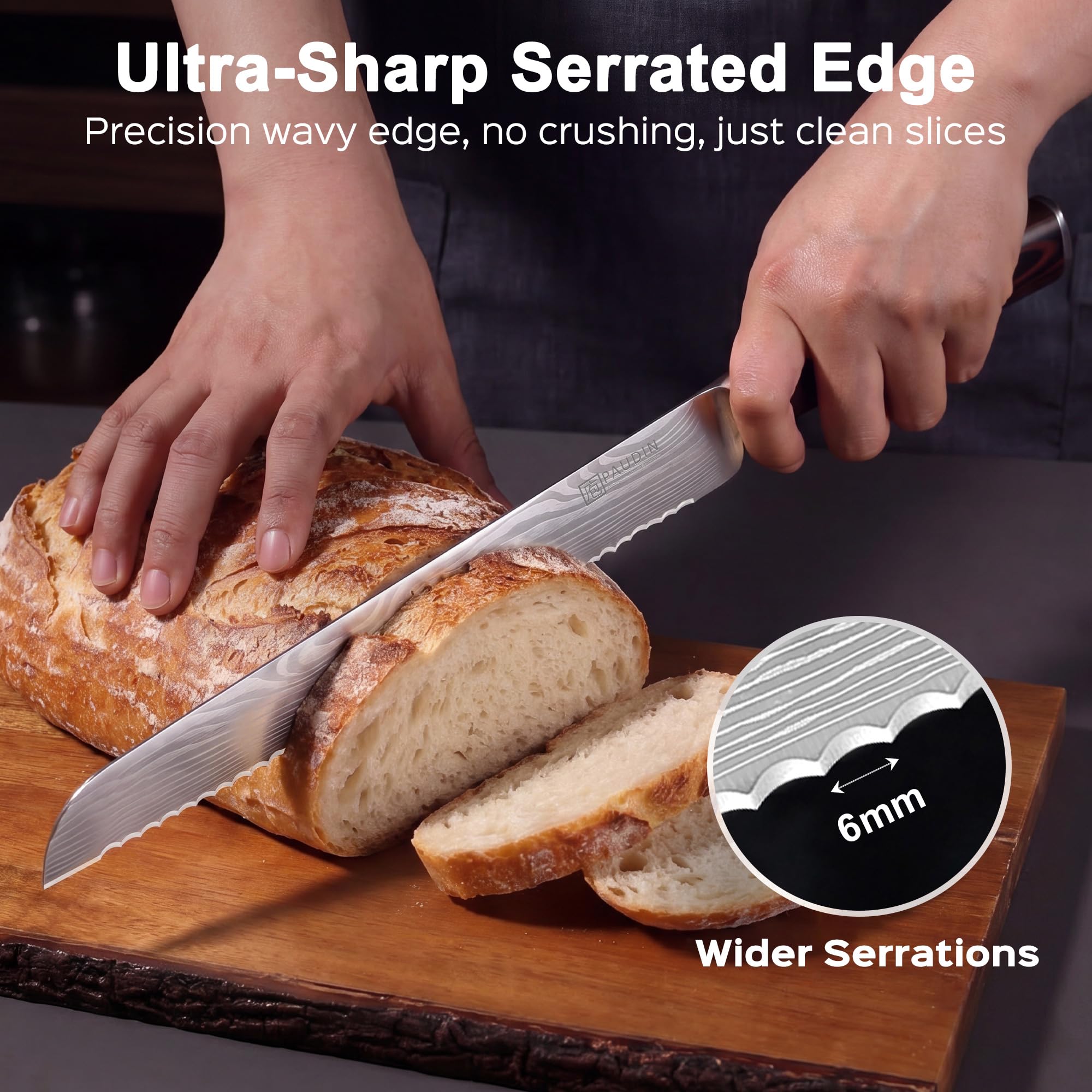PAUDIN close-up of serrated edge revealing razor teeth for precise, tear-free cuts