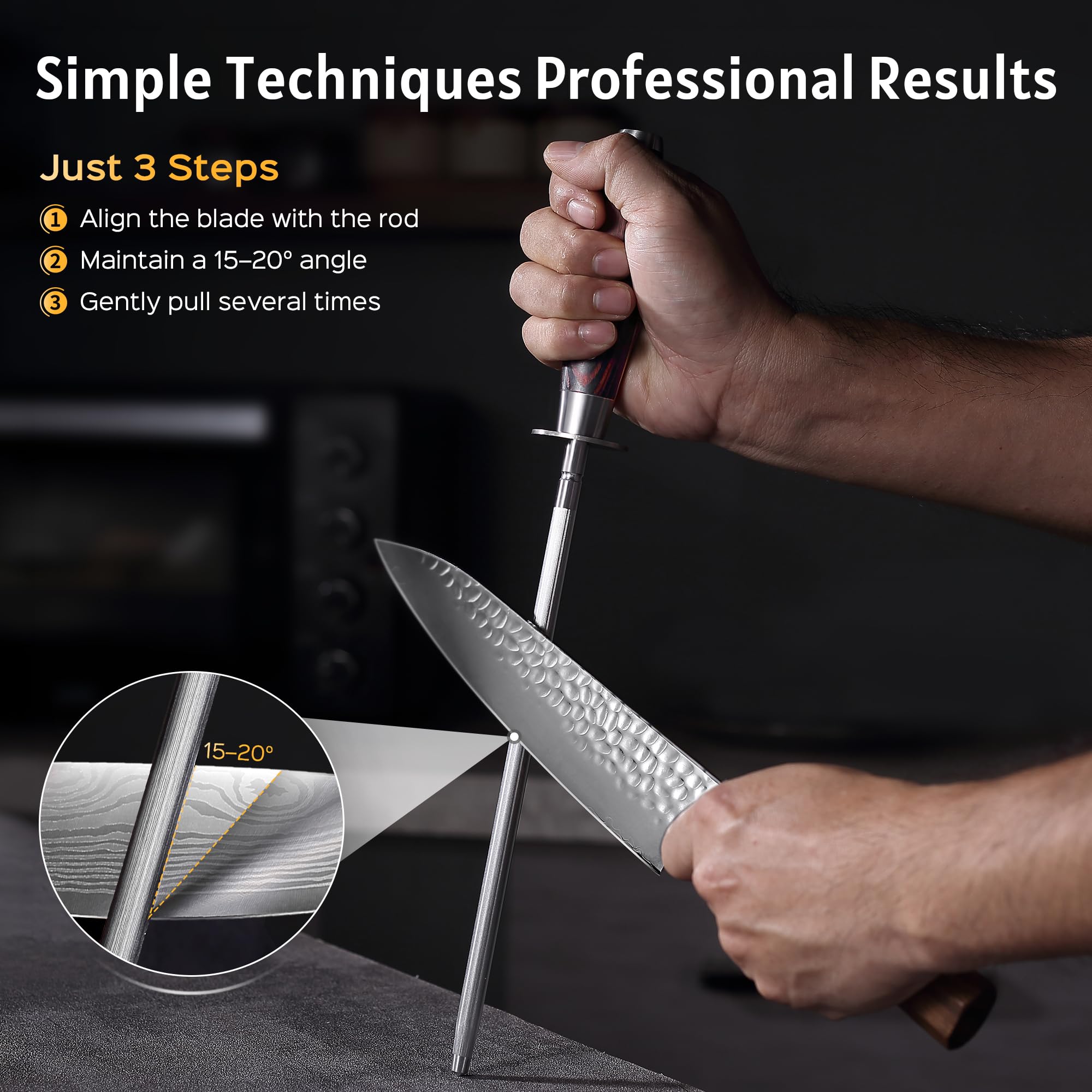 PAUDIN rod beside chef knife to show 10 inch size and control