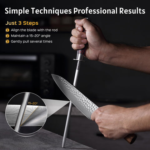 PAUDIN rod beside chef knife to show 10 inch size and control