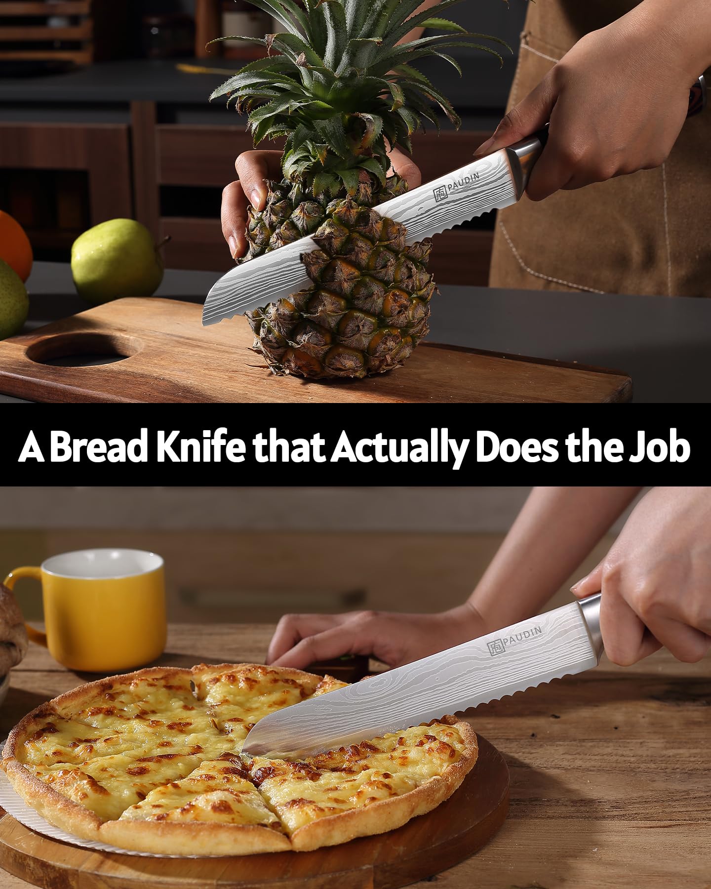 PAUDIN slicing a baguette in use demonstrating precise cuts and preserved bread crumb