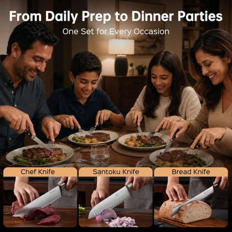 PAUDIN steak knives in hand demonstrating comfortable grip and smooth cutting