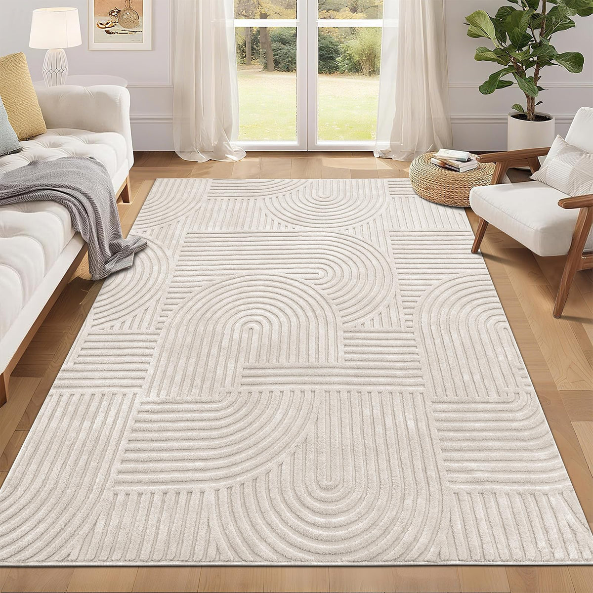 Pauwer front view beige rug showing modern boho warmth and versatile styling