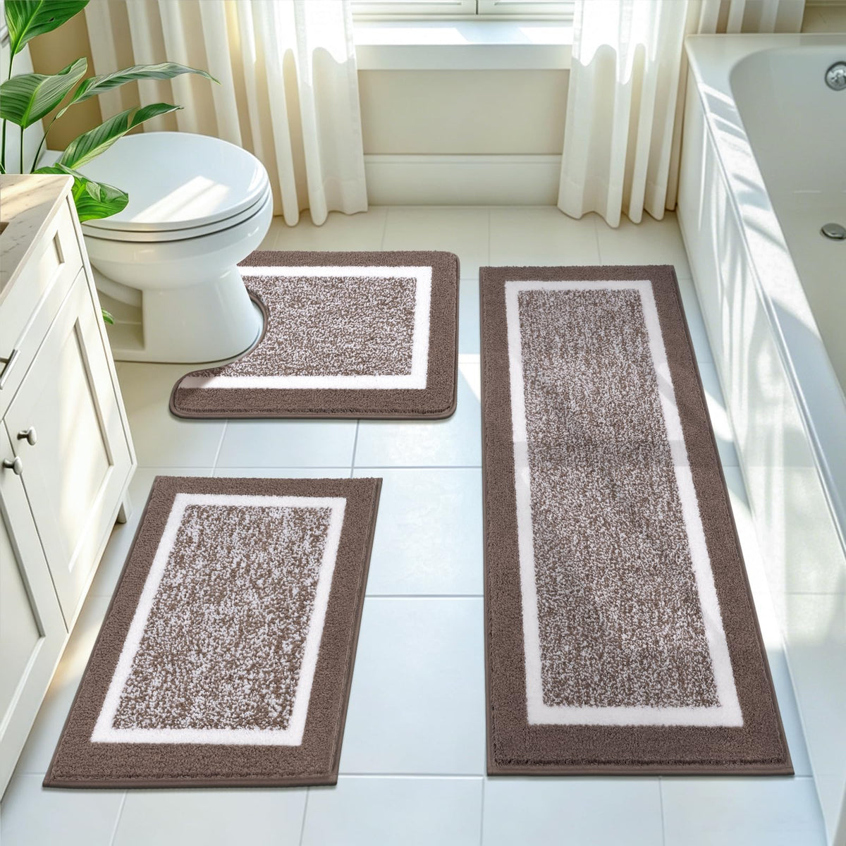 Pauwer front view of coffee three-piece rug set showing coordinated mats for style and comfort