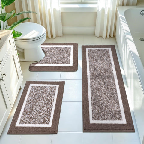 Pauwer front view of coffee three-piece rug set showing coordinated mats for style and comfort