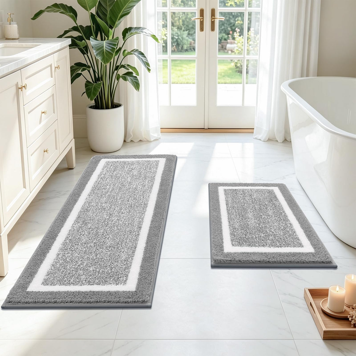Pauwer front view of light grey rug set showing plush surface and color, adds comfort