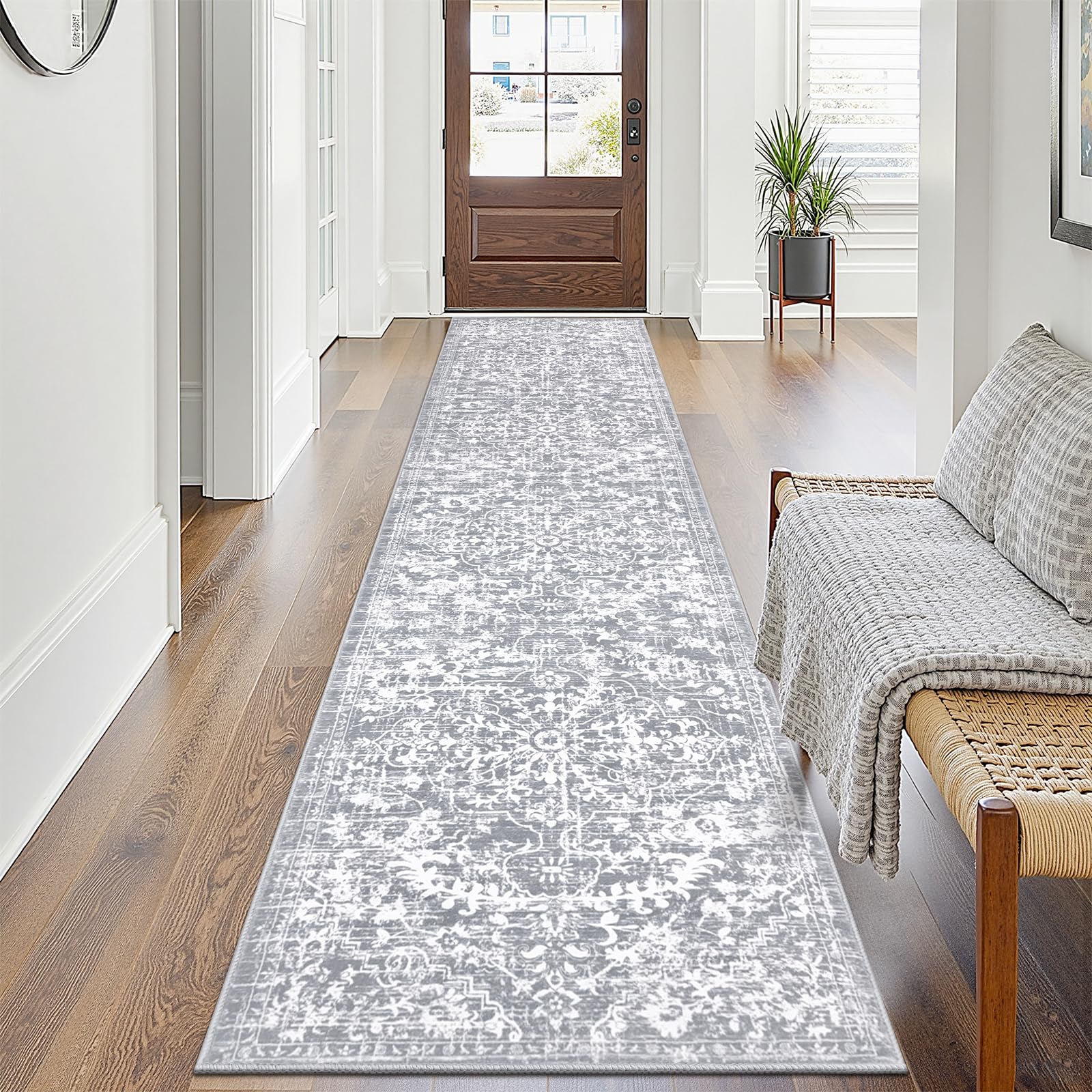 Pauwer front view hallway runner showing full grey white pattern and length benefit