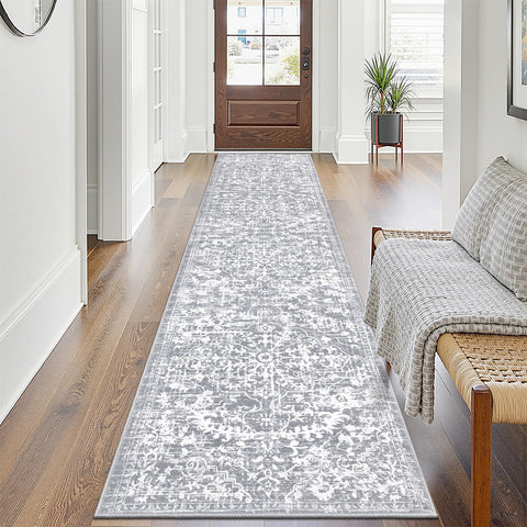 Pauwer front view hallway runner showing full grey white pattern and length benefit
