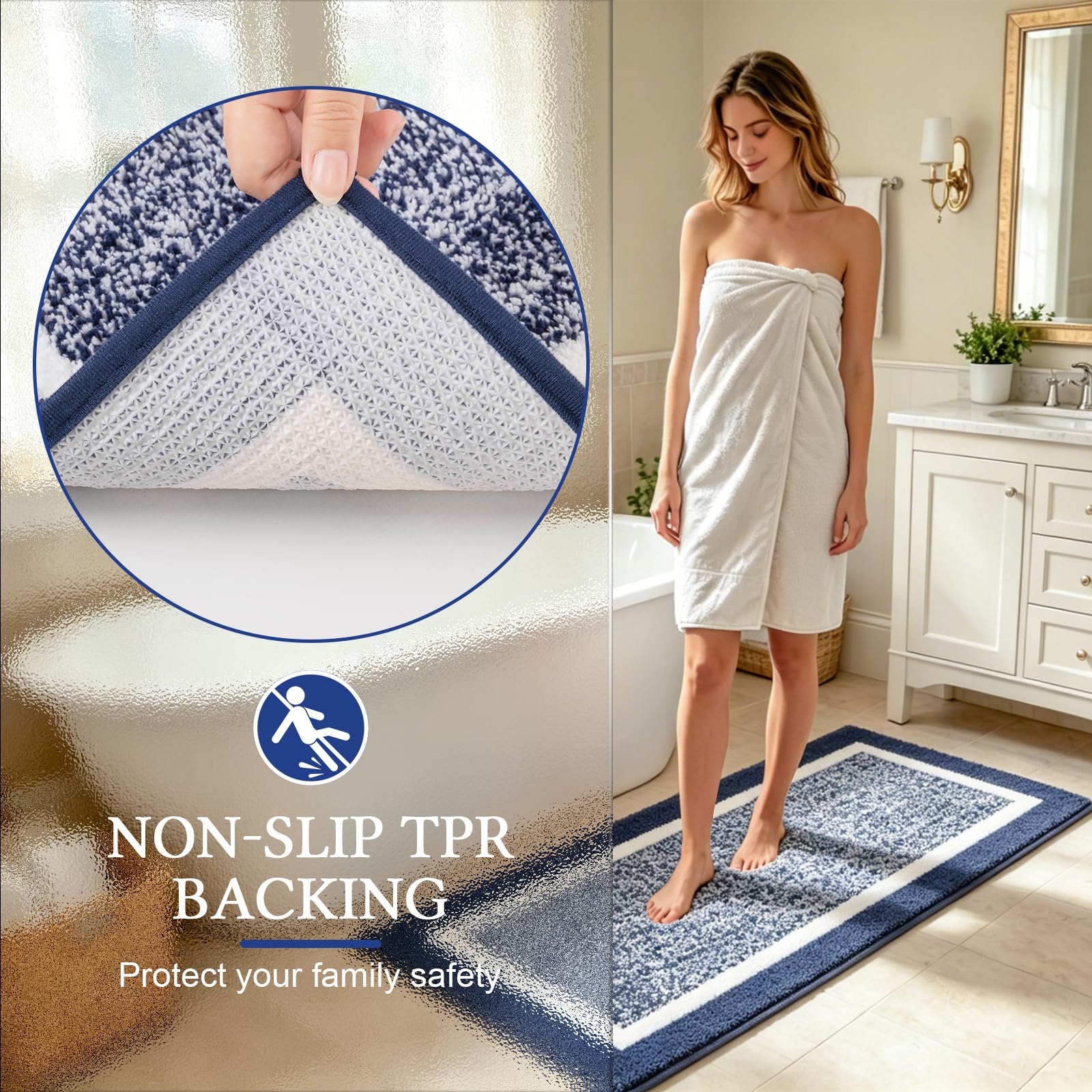 Pauwer navy mat placed in a styled bathroom for cohesive decor benefit
