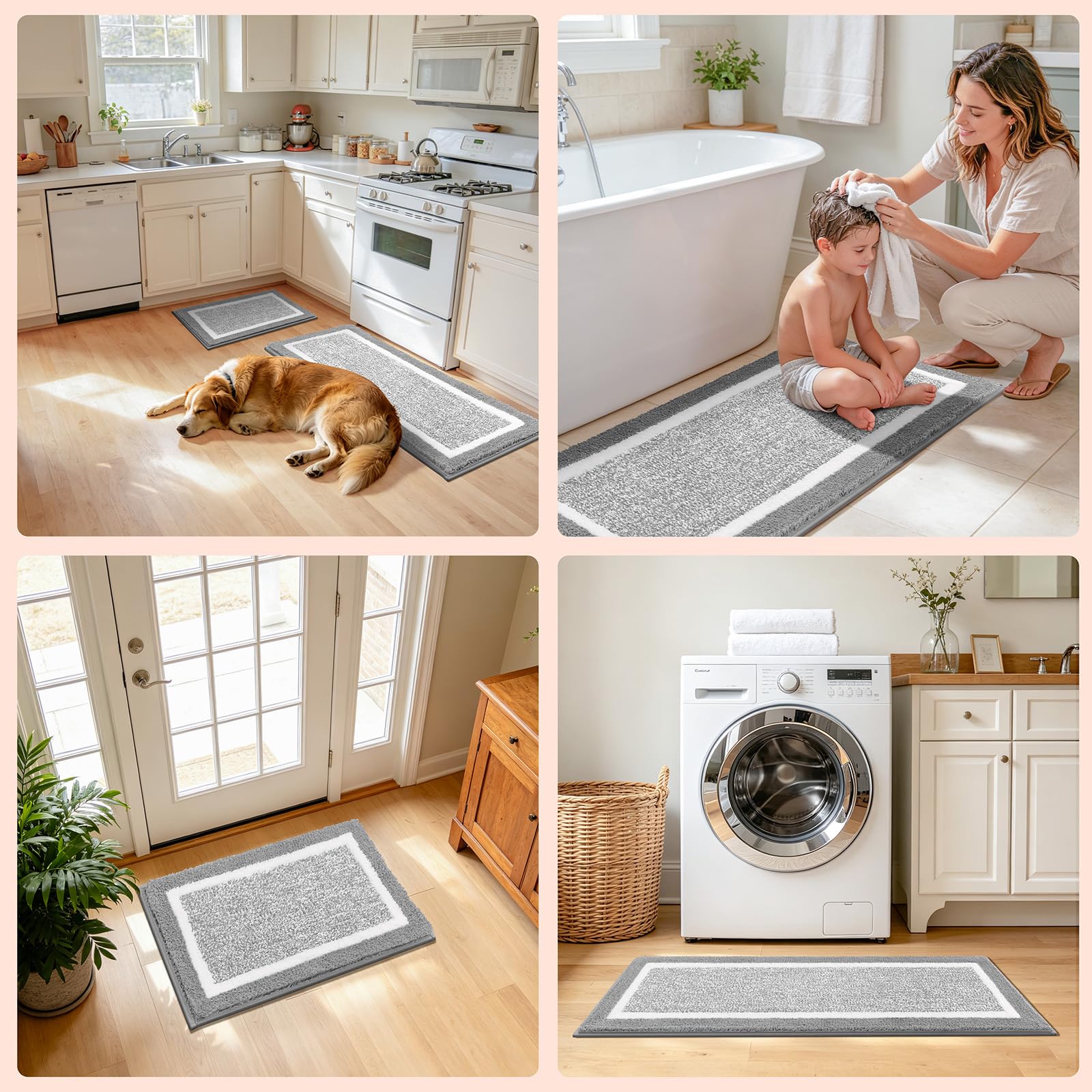 Styled bathroom scene with Pauwer mats, shows how set complements décor