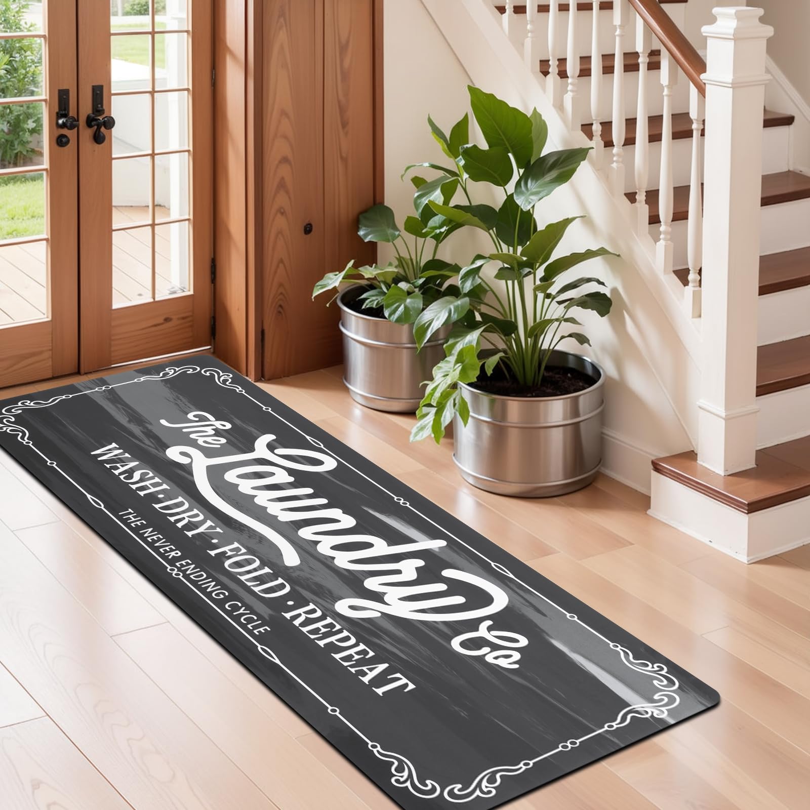 Pauwer person standing on rug demonstrating cushioned comfort for chores