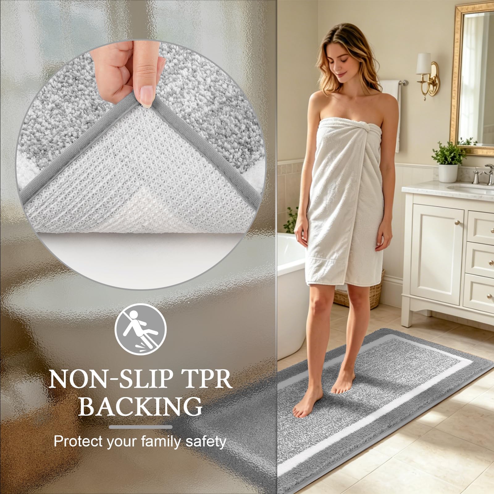 Pauwer rectangular mat beside tub illustrating absorbency and softness benefit